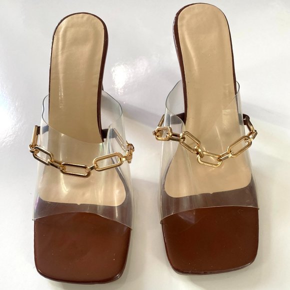 Brown mules heels with gold chains. Never worn - Picture 1 of 3